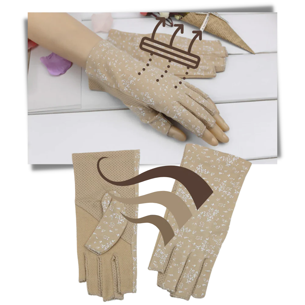 Fashionable women's sun safeguard gloves, lightweight & comfortable for everyday UV protection.