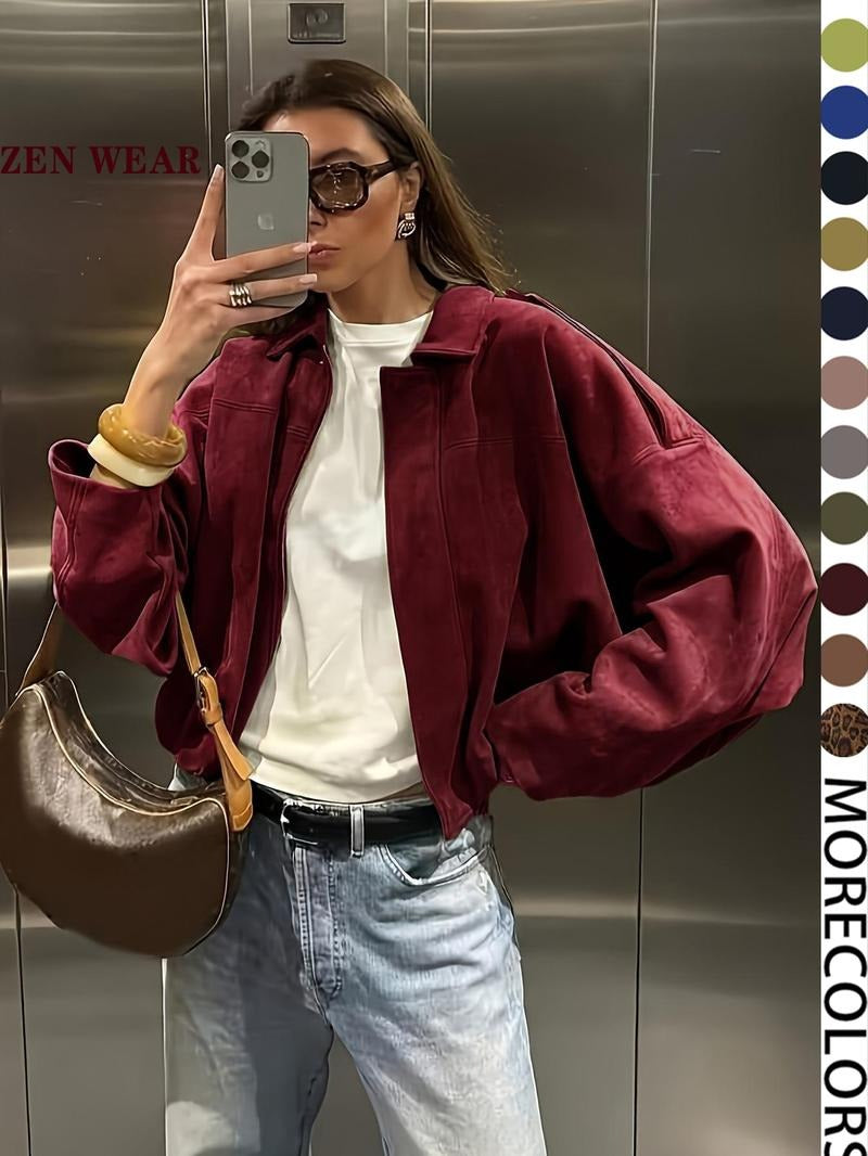 Close-up of the soft texture and zip-front detail on a women's fashion faux suede jacket