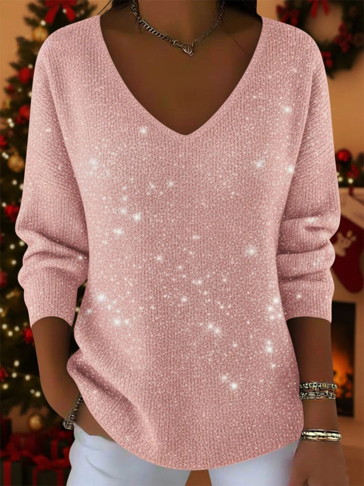 Stylish women's V-neck festive top, comfortable long sleeve pullover for holiday gatherings & winter fashion.