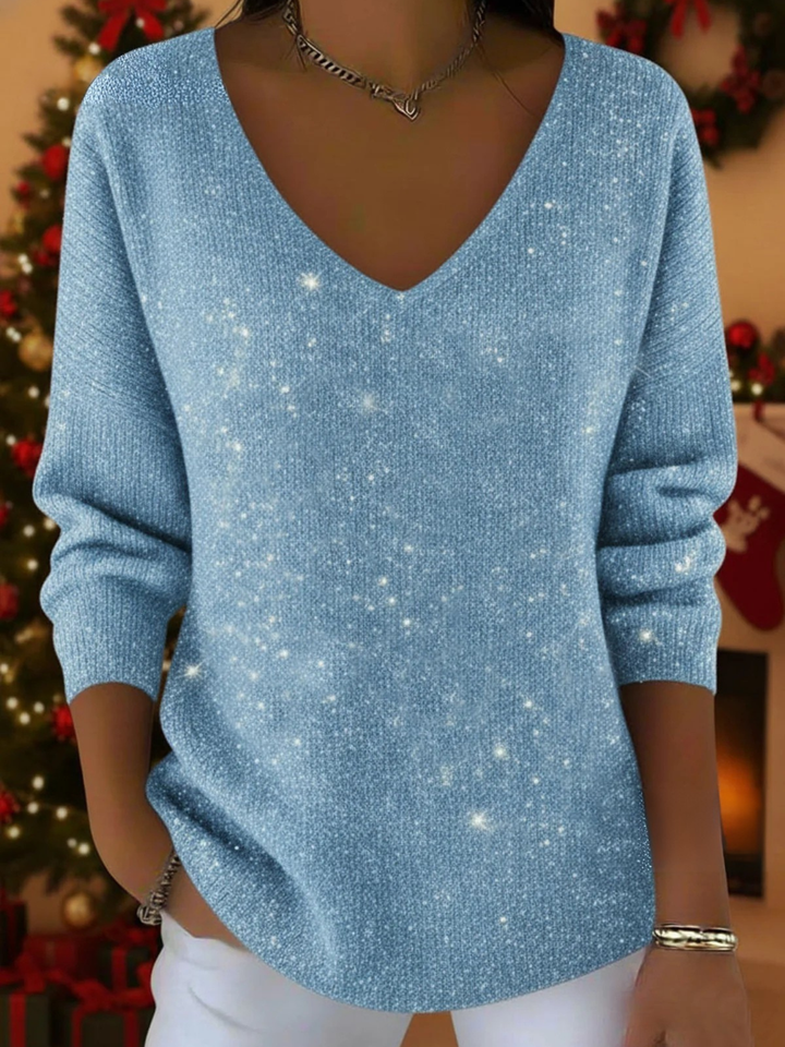 Fashionable women's V-neck pullover sweater, long sleeve. Cozy & festive for elegant winter wear.