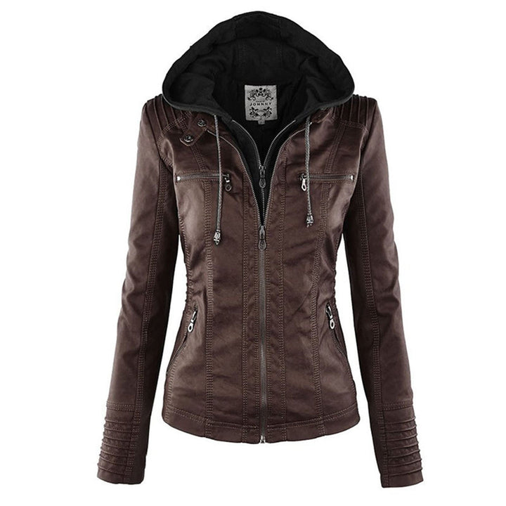 Black faux leather women's jacket with a hood, featuring a fitted biker design for autumn.
