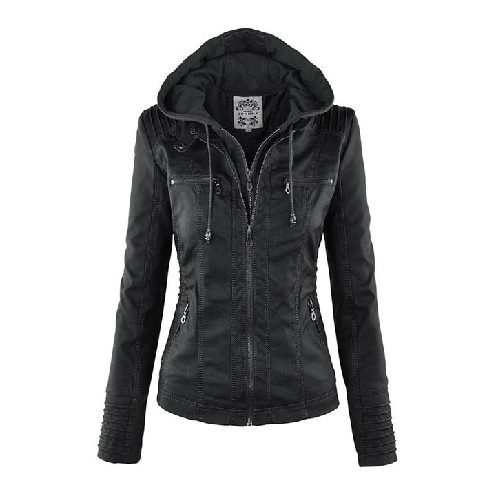 Chic women's outerwear: hooded faux leather biker jacket, form-fitting and versatile.