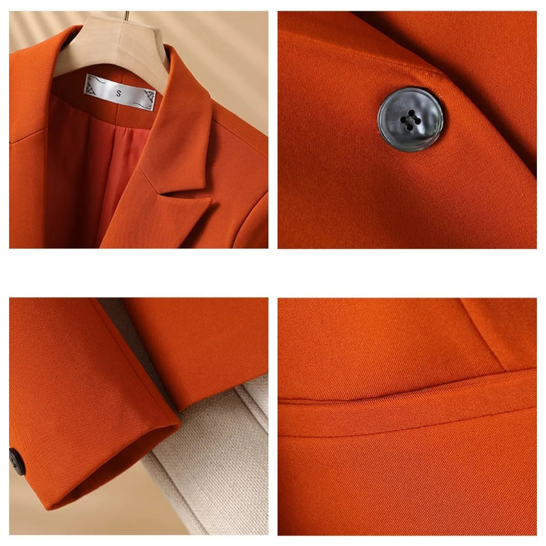 Professional women's fitted blazer, sleek single-breasted jacket with notch lapel, essential for office and formal wear.