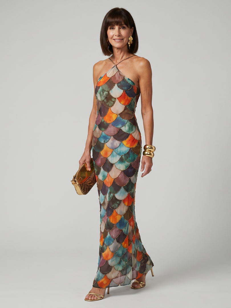 Women's fitted halter maxi dress with vibrant geometric print, ideal for summer and elegant occasions.