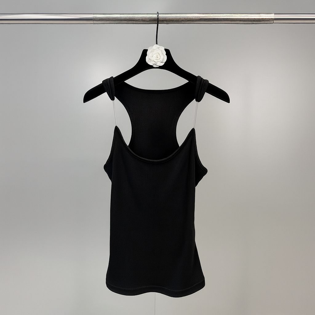Versatile women's fitted tank top, ideal for layering or elegant casual wear. Features invisible straps.
