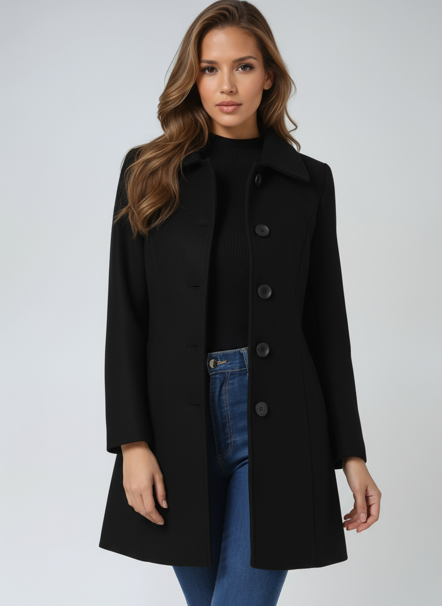Women's fitted trench coat with elegant button-front closure, perfect for professional workwear and evening events.