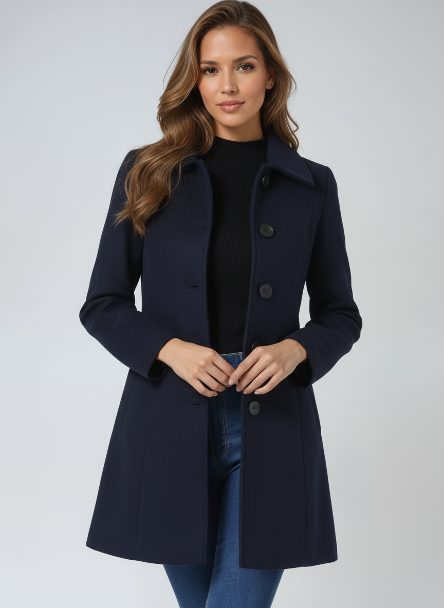 High-quality women's trench coat, structured collar & durable button closure, a staple for professional and evening wear.