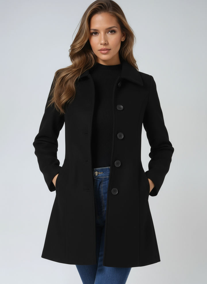 Stylish women's tailored trench coat featuring a structured collar, ideal for sophisticated office wear & fall fashion.