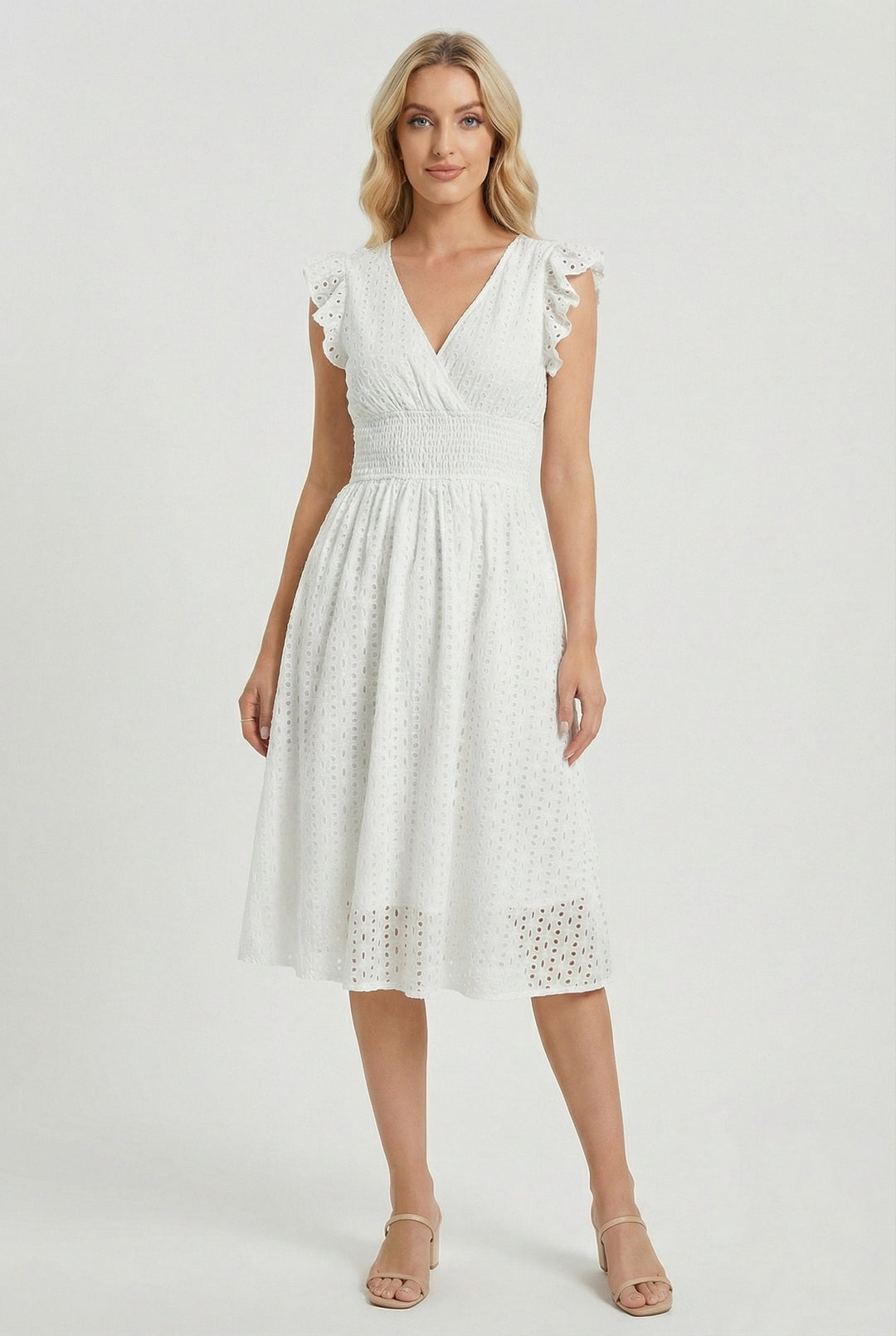 Women's flared eyelet midi dress with ruffled sleeves, perfect for summer casual wear.
