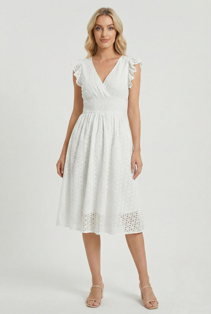 Women's flared eyelet midi dress with ruffled sleeves, perfect for summer casual wear.