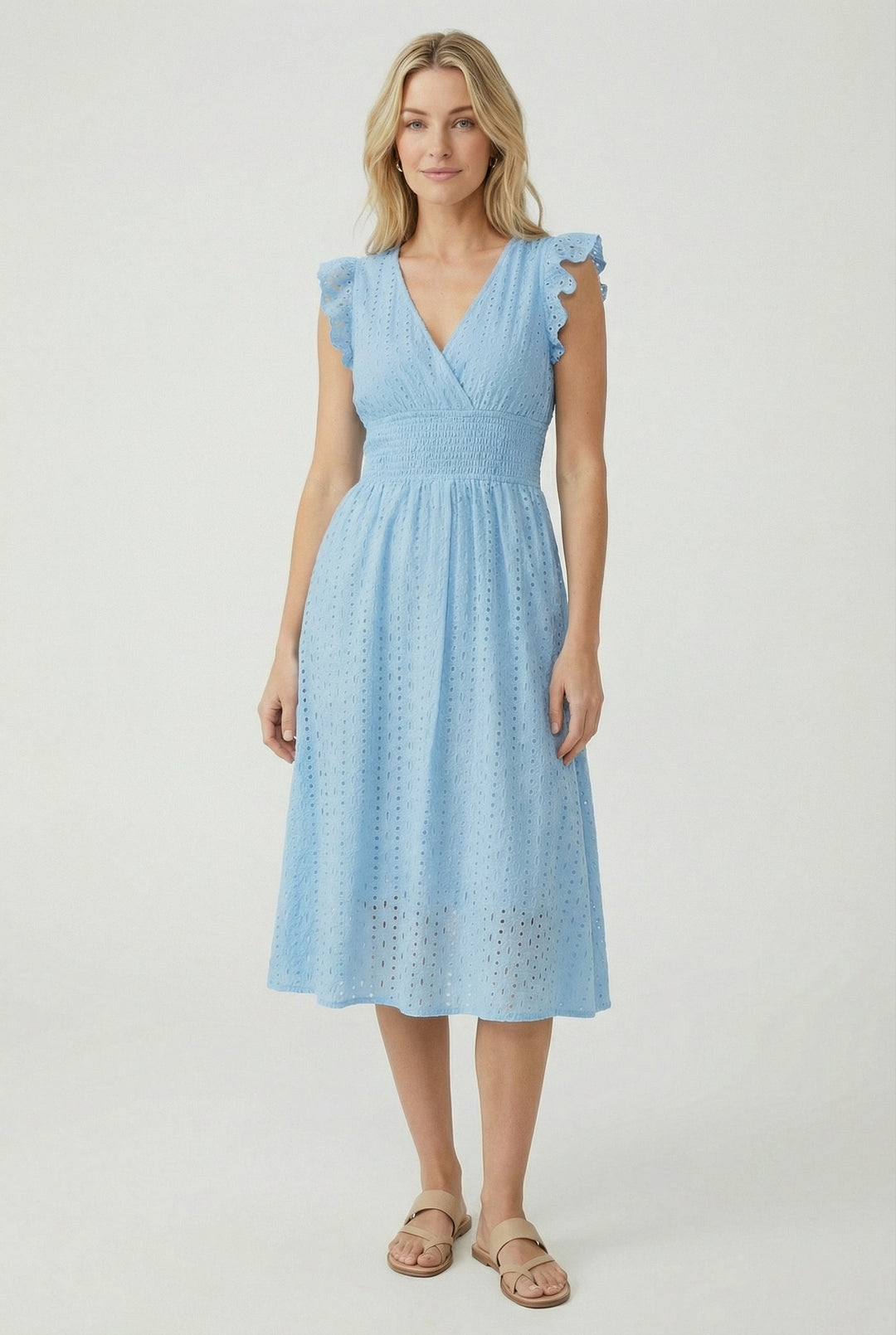 Must-have women's summer dress: eyelet midi design, flared cut, and fashionable ruffled sleeves.