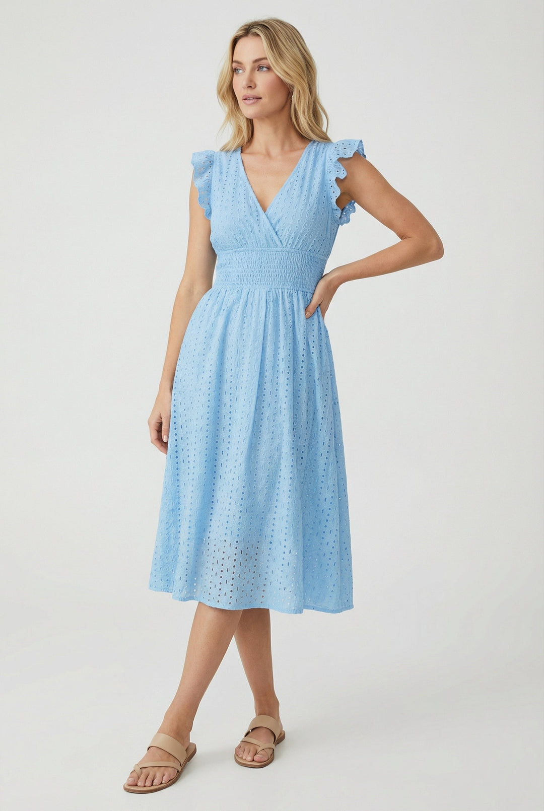 Versatile women's eyelet midi dress featuring a flared silhouette and playful short ruffled sleeves.