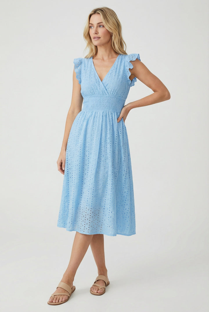 Versatile women's eyelet midi dress featuring a flared silhouette and playful short ruffled sleeves.
