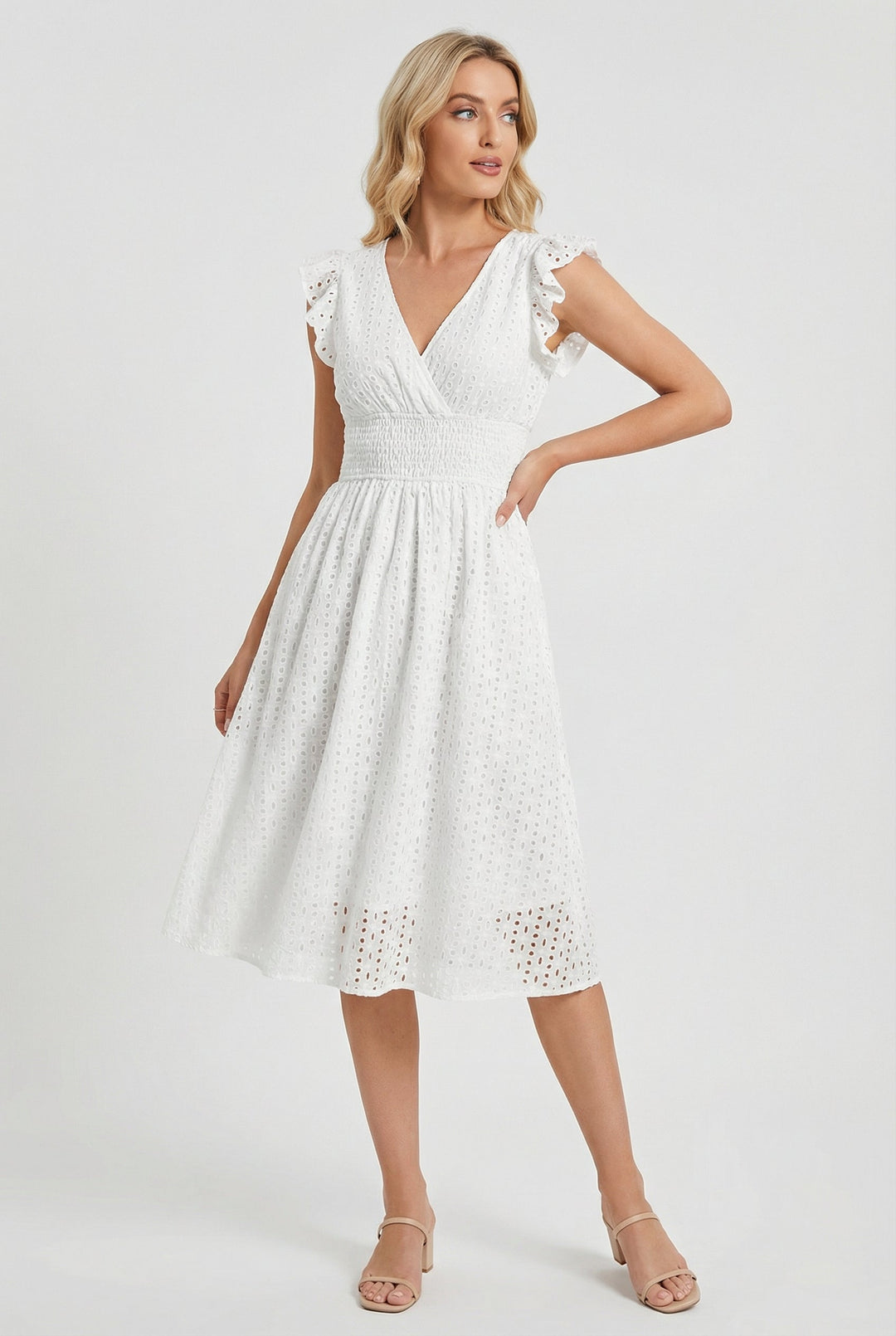 Stylish women's eyelet midi dress featuring a flattering flared skirt and charming ruffled sleeves.