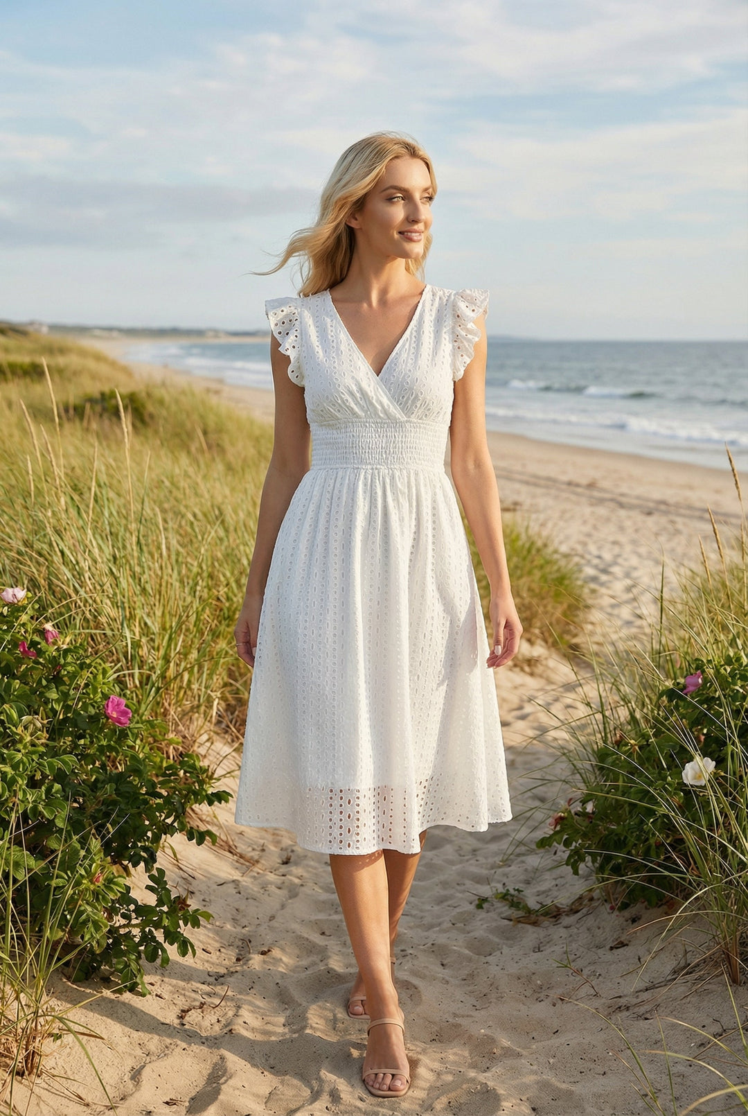 Elegant flared eyelet dress for women, designed with a comfortable smocked waist and ruffled sleeves.