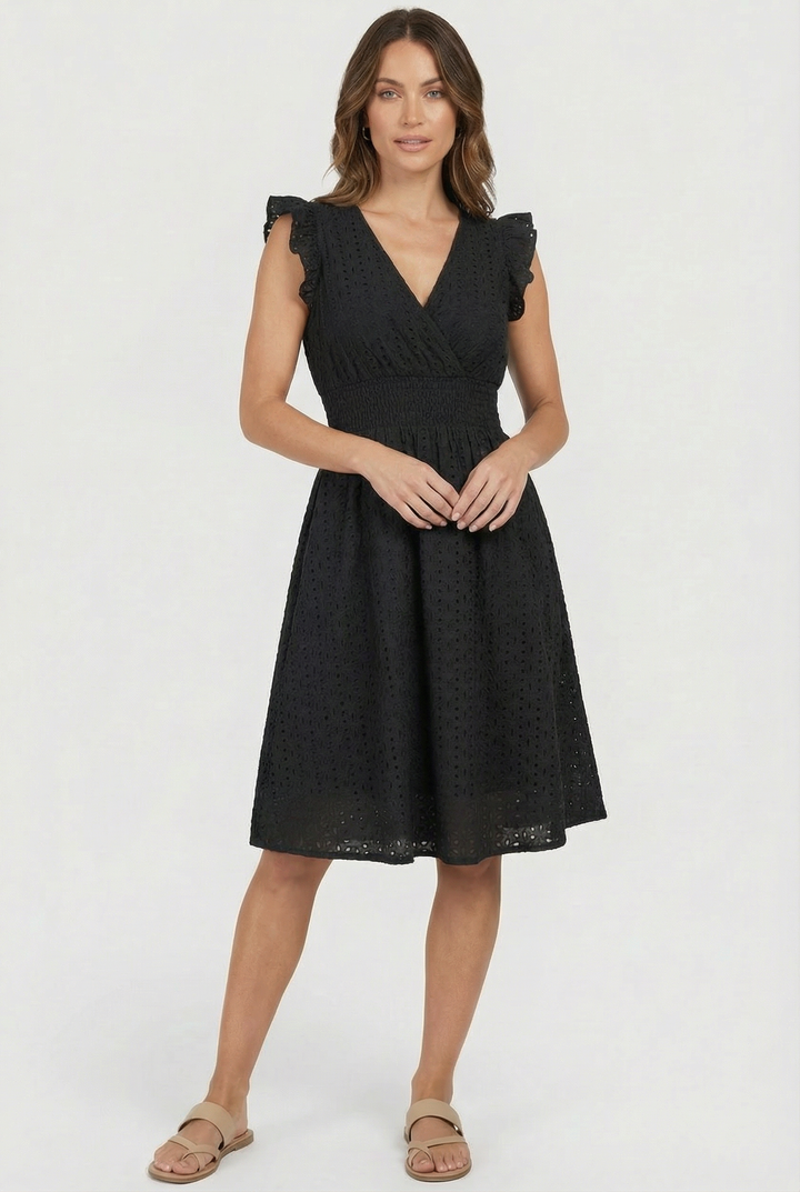 Summer vacation women's midi dress: breathable eyelet fabric, flared silhouette, and chic ruffled sleeves.