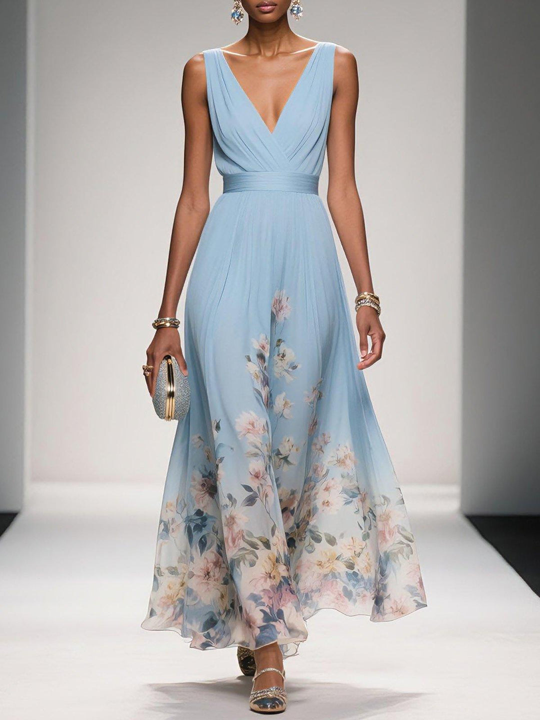 Women's flattering floral midi dress with deep V-neck, perfect for spring & summer occasions.
