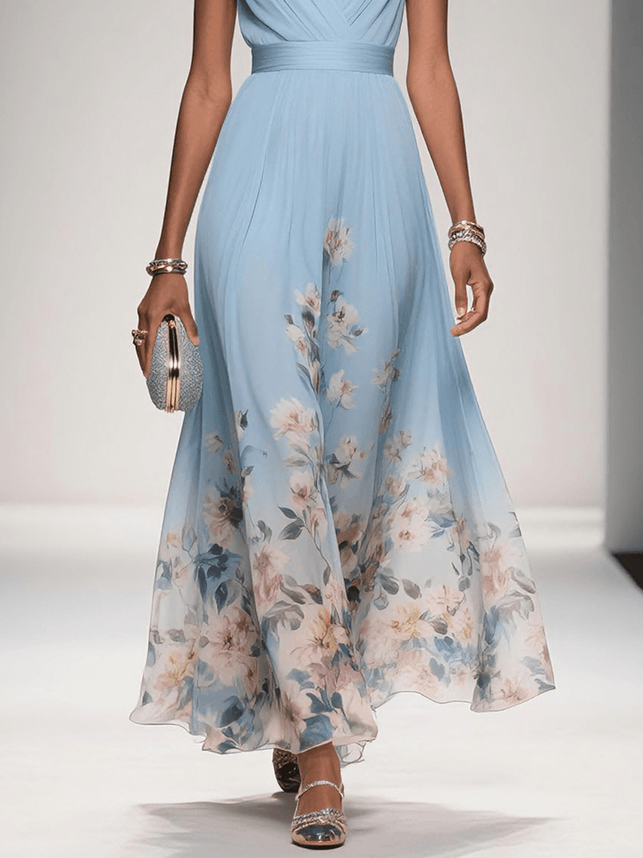 Versatile women's floral midi dress with deep V-neck, suitable for various special occasions.