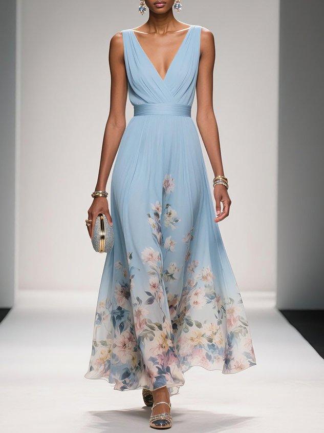Women's colorful floral V-neck midi dress, elegant for spring/summer events.