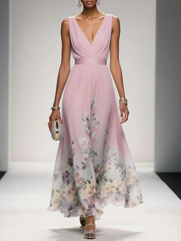Chic women's V-neck floral midi dress, great for garden parties & elegant outings.