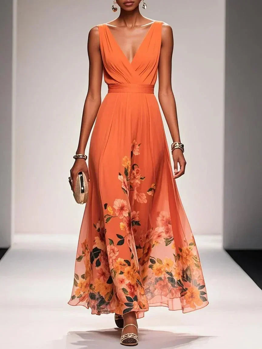 Beautiful floral print midi dress for women, features a stylish deep V-neckline.