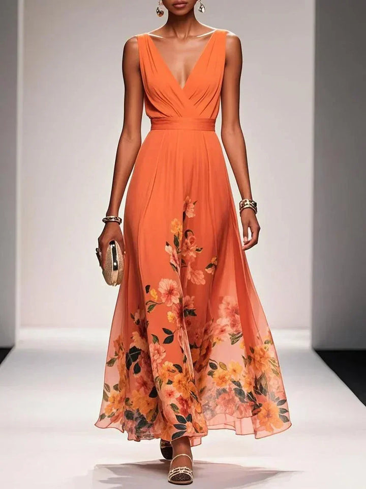 Beautiful floral print midi dress for women, features a stylish deep V-neckline.