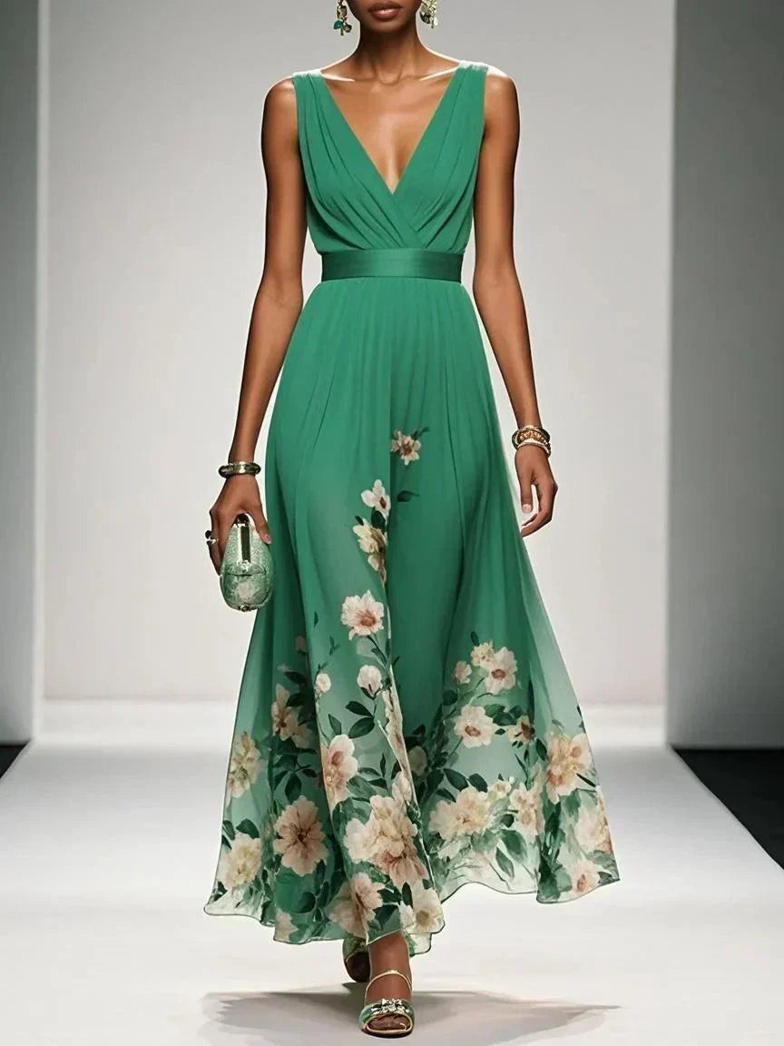 Women's elegant V-neck floral midi dress, perfect for wedding guests & summer parties.