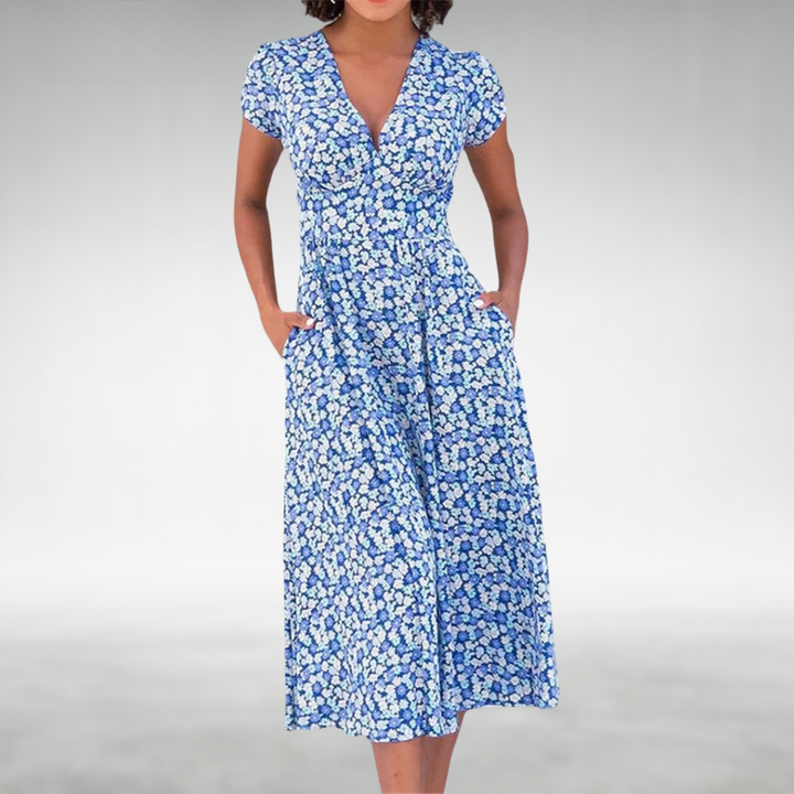 Women's flattering floral V-neck midi dress with short sleeves, ideal for spring & summer casual or elegant wear.