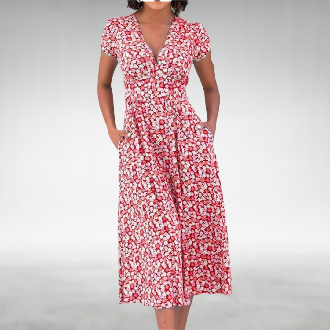 Flowy women's floral print V-neck midi dress, perfect for a vibrant summer day or spring occasion.