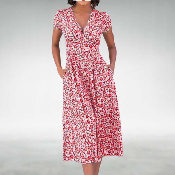Flowy women's floral print V-neck midi dress, perfect for a vibrant summer day or spring occasion.