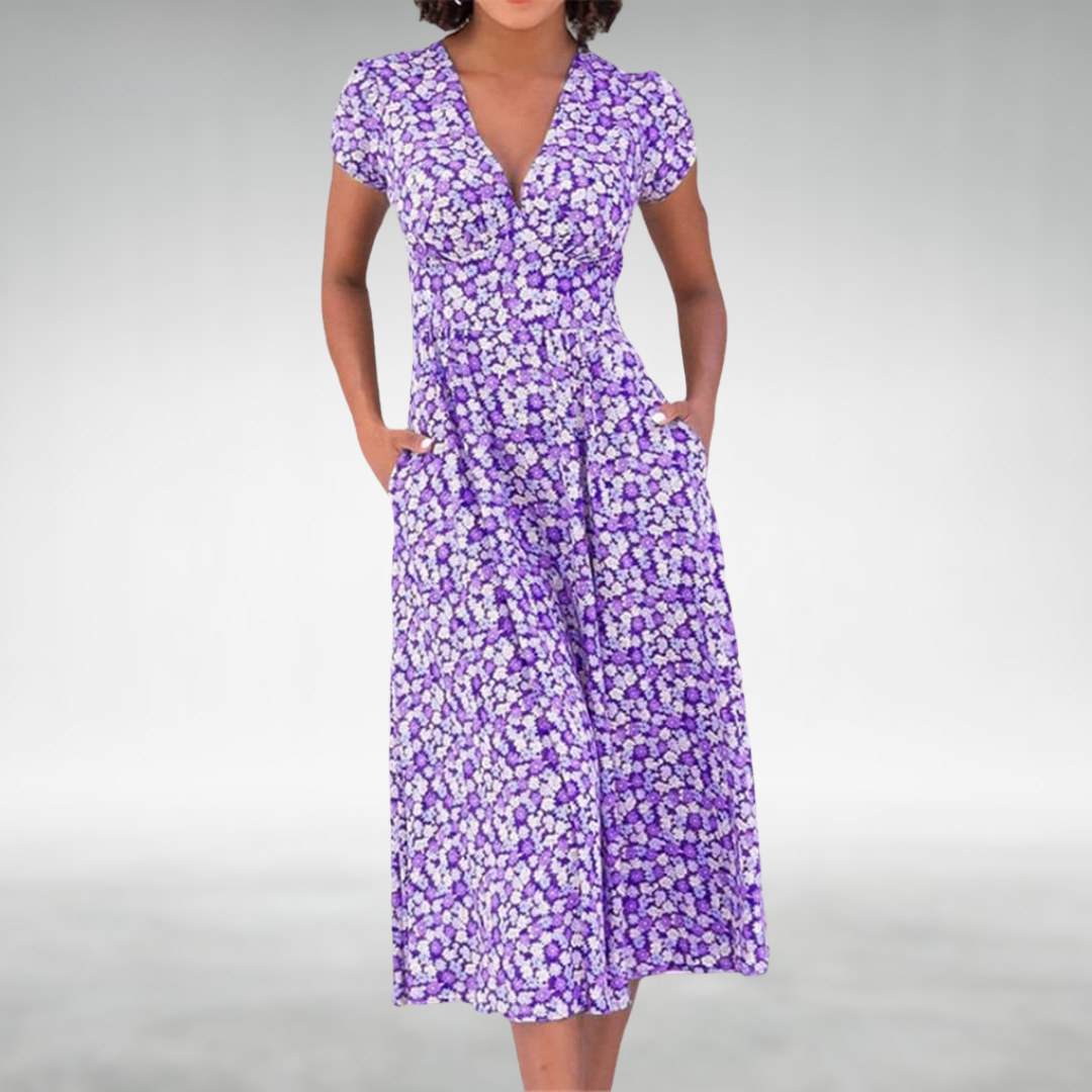 Elegant colorful floral midi dress for women featuring a V-neck & short sleeves, a flattering choice for any event.