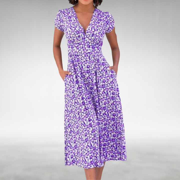 Elegant colorful floral midi dress for women featuring a V-neck & short sleeves, a flattering choice for any event.