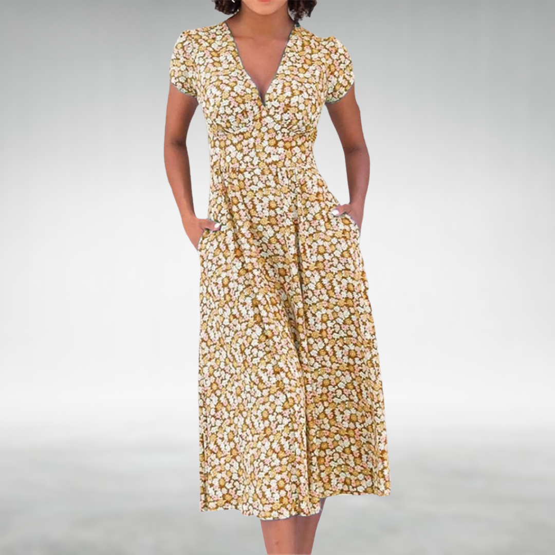 Casual yet elegant women's floral V-neck short-sleeve midi dress, a comfortable spring & summer day dress.