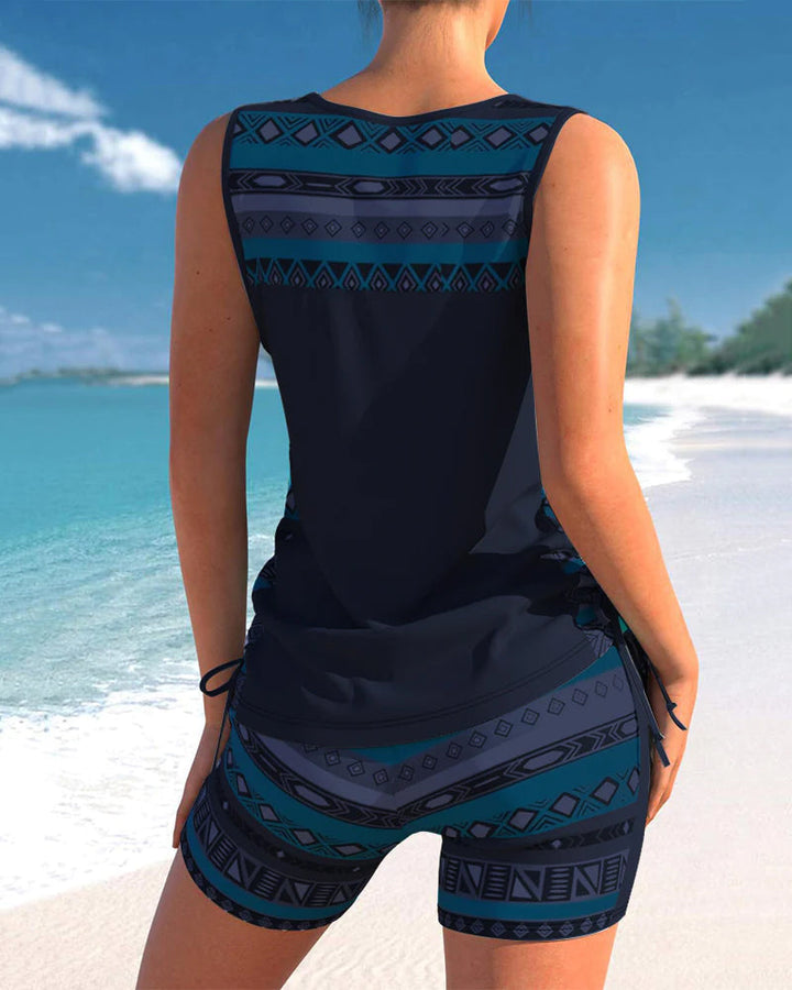 Back view of a comfortable women's two-piece tankini, perfect for relaxed summer days by the pool or beach.