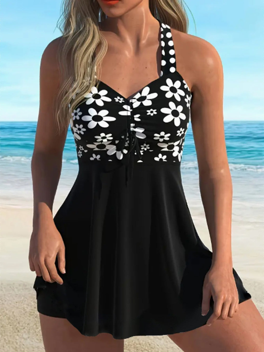 Women's flattering strap top and swim shorts combo, a comfortable swim set for active beach and poolside days.