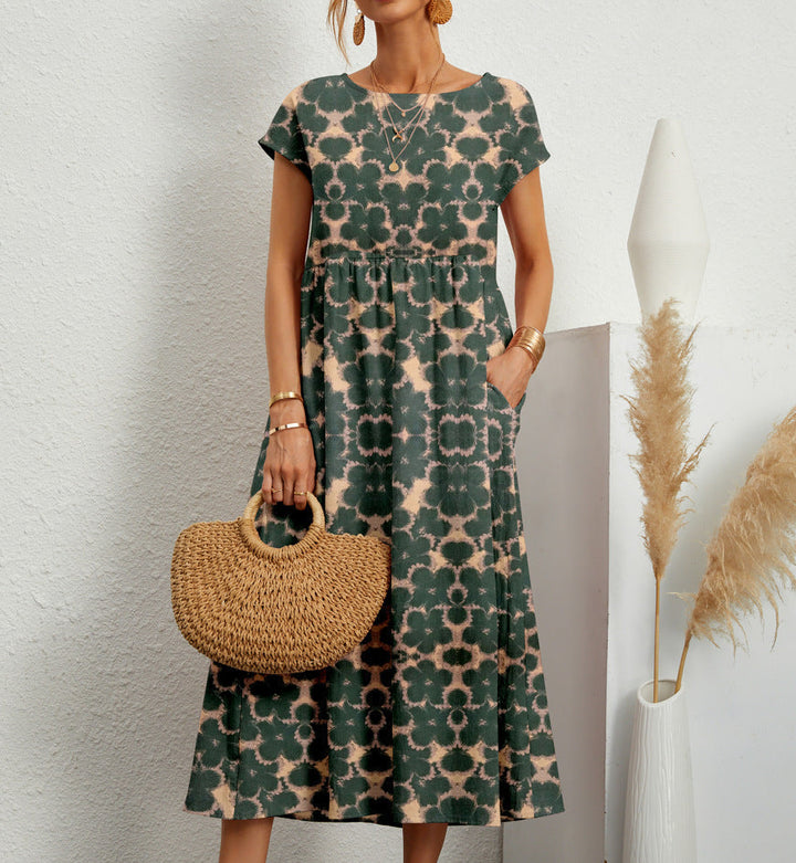 Women's floral A-line midi dress with short sleeves, perfect for summer casual wear.
