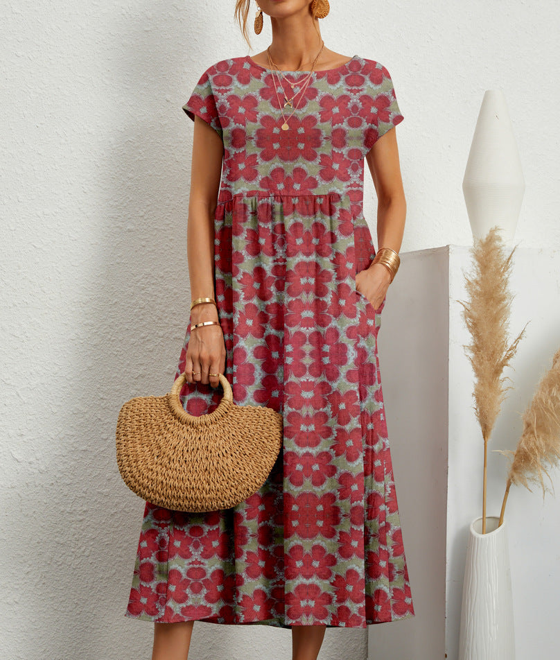 Comfortable women's floral A-line day dress with short sleeves, ideal for summer outings.