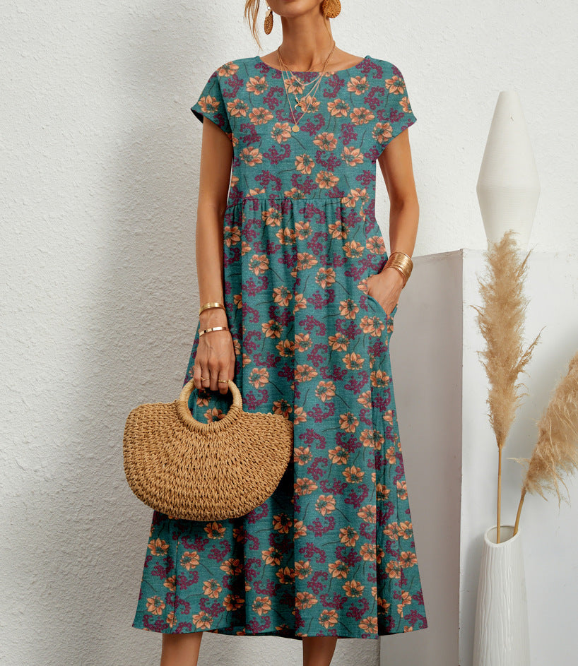 Elegant printed floral A-line dress for women, featuring short sleeves and a flattering midi length.