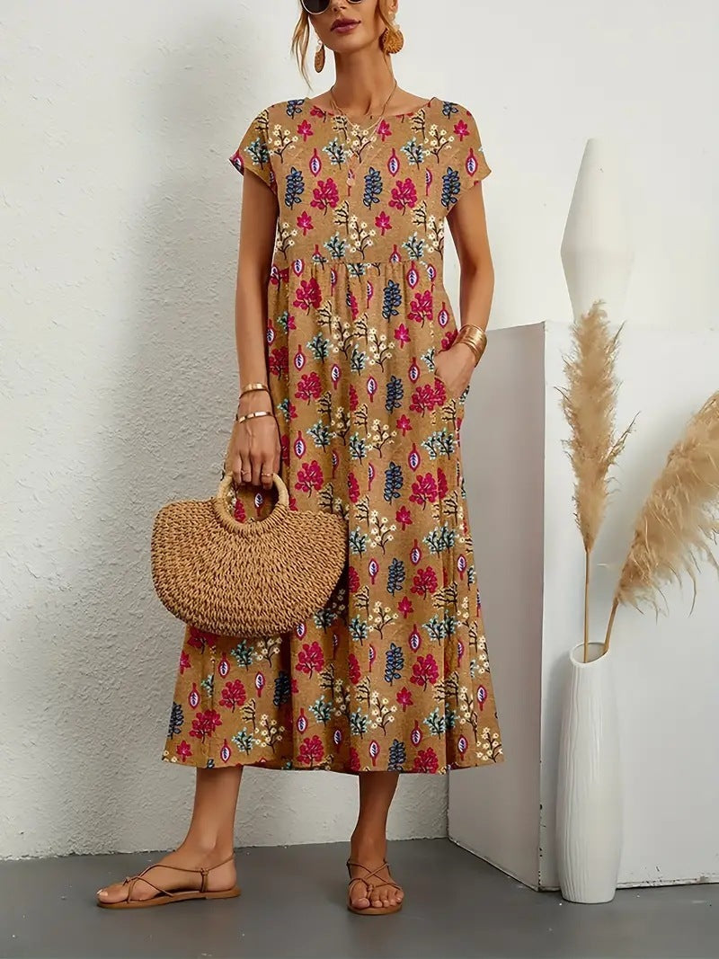 Stylish women's floral A-line short sleeve dress, a versatile midi for casual or summer wear.