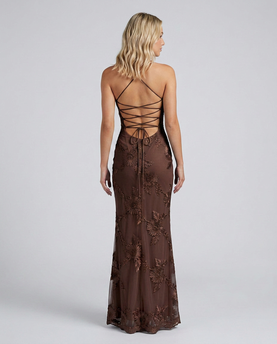 Feminine Summer Floral Maxi Dress, a chic party dress with delicate appliqué and a lace-up back.