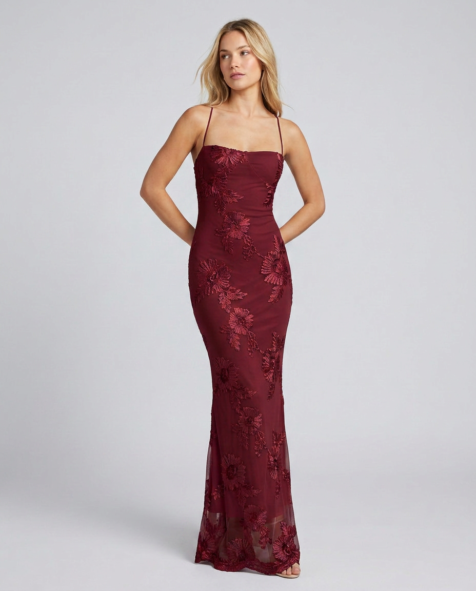 Beautiful Floral Appliqué Maxi Dress for women, a sophisticated long formal gown for parties.