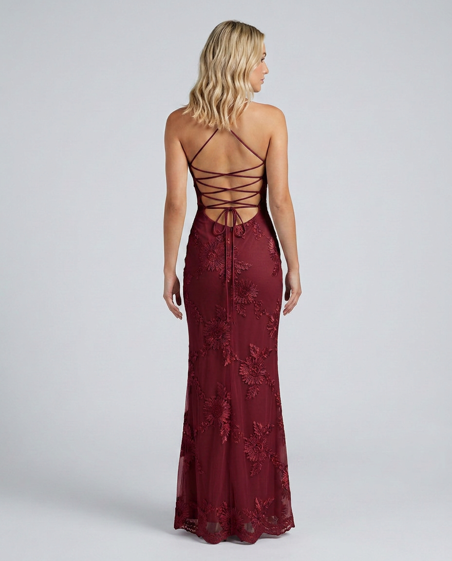 Chic Women's Floral Maxi Gown, perfect for special occasions, features a unique lace-up back.