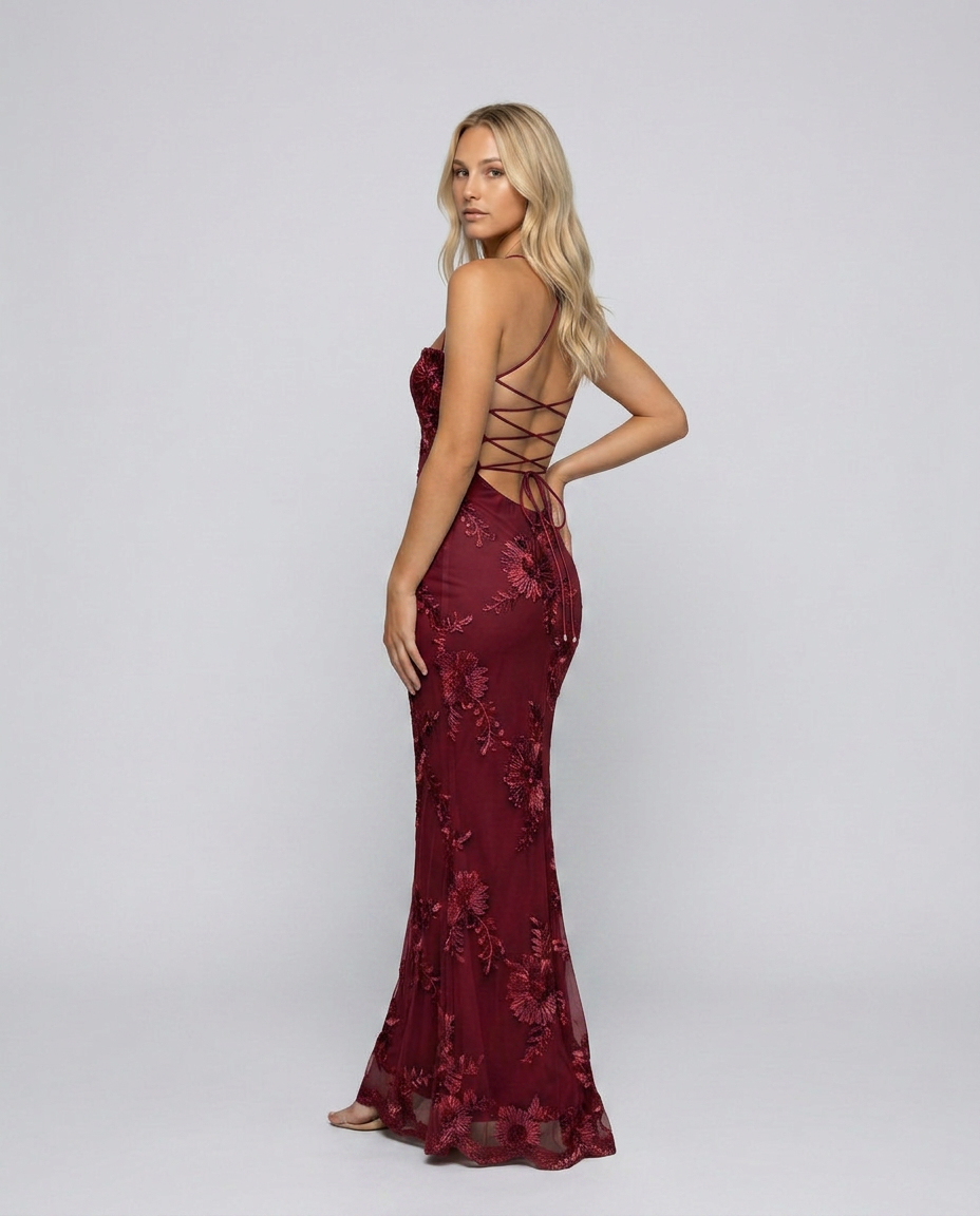 Exquisite Women's Floral Appliqué Maxi Dress with elegant lace-up back, great for evening wear.