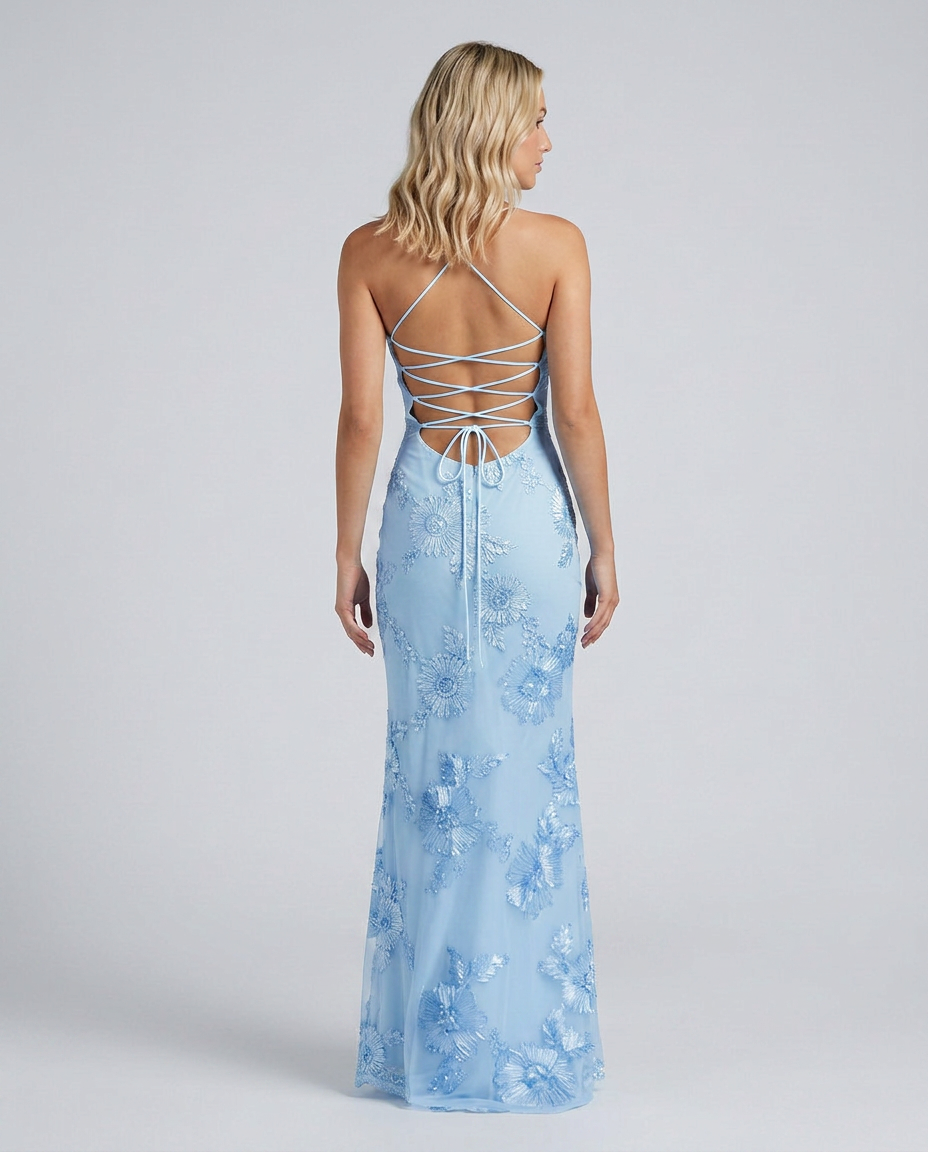 Stunning Women's Floral Maxi Gown, a formal dress with intricate appliqué & a chic lace-up back.