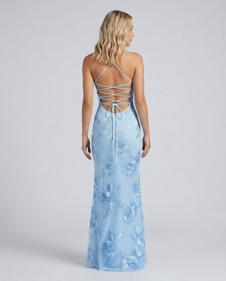 Stunning Women's Floral Maxi Gown, a formal dress with intricate appliqué & a chic lace-up back.