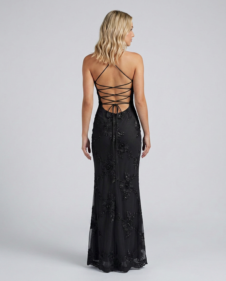 Gorgeous Women's Floral Maxi Dress with appliqué design & a fashionable lace-up back.