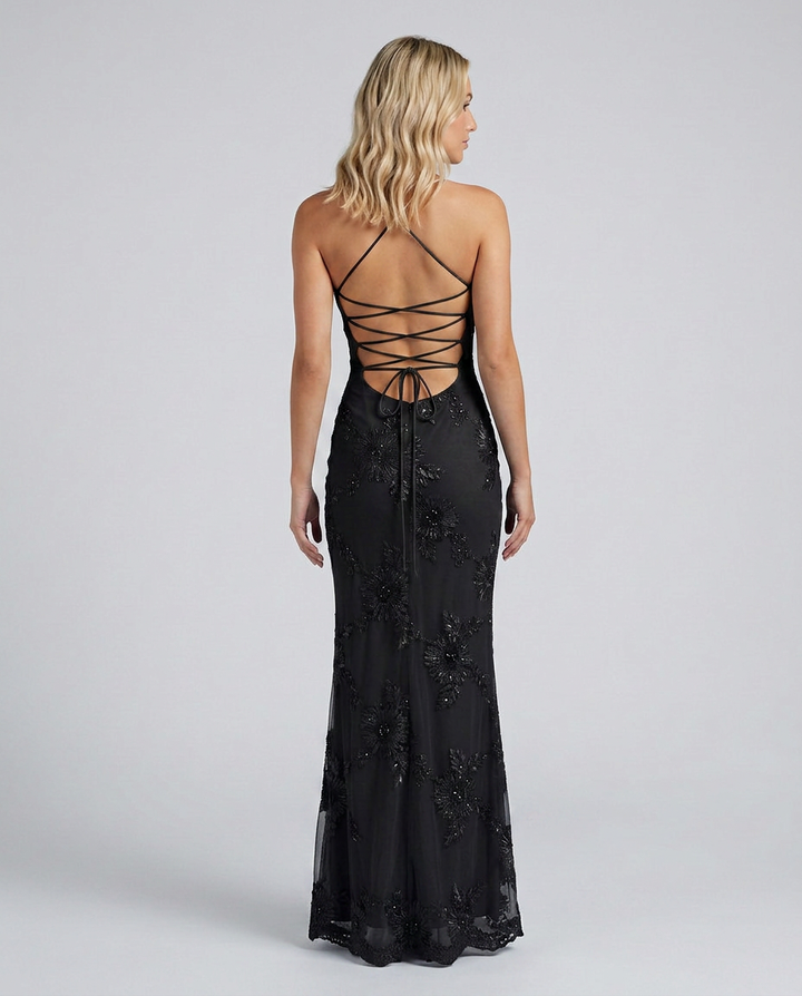 Gorgeous Women's Floral Maxi Dress with appliqué design & a fashionable lace-up back.