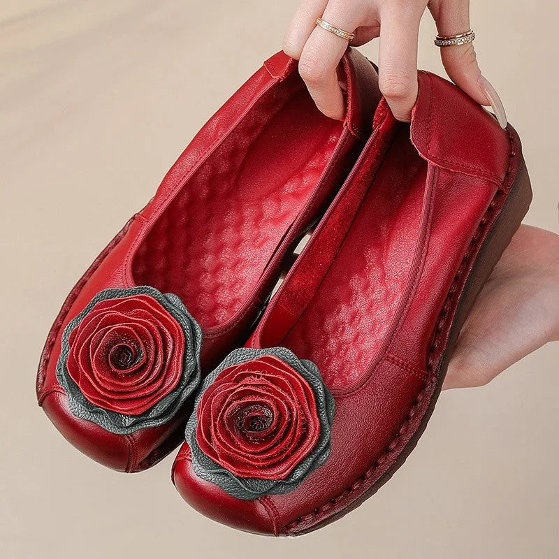 Womens everyday slip-on shoes: comfortable floral appliqué loafers.