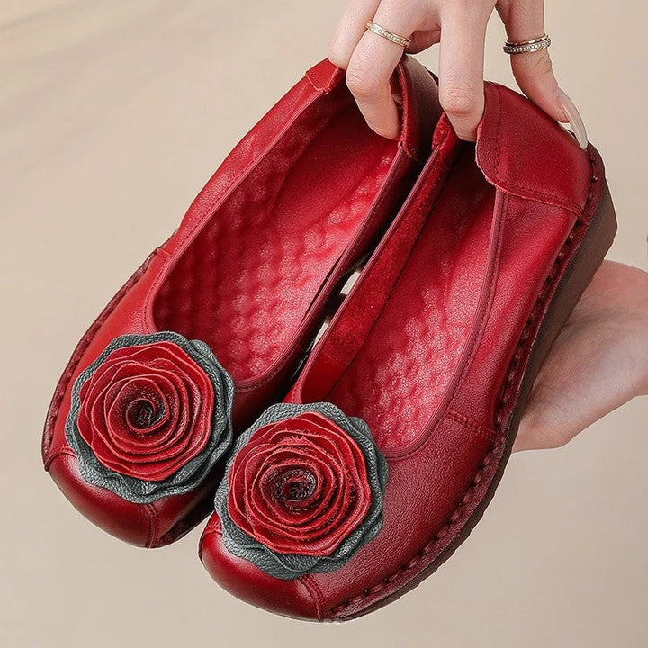 Womens everyday slip-on shoes: comfortable floral appliqué loafers.
