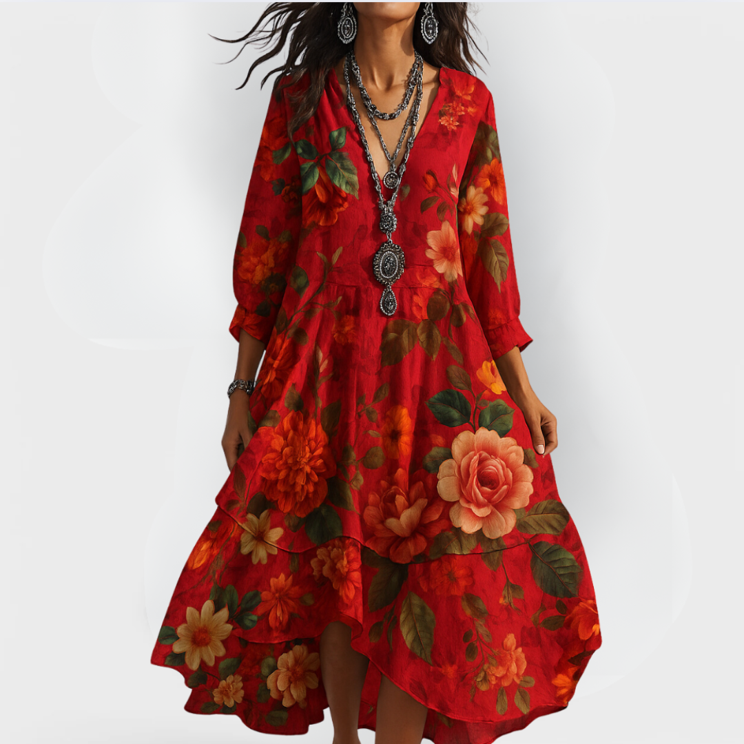 Flowy long sleeve floral maxi dress for women, featuring a boho V-neck design. Ideal for vacation and casual wear.